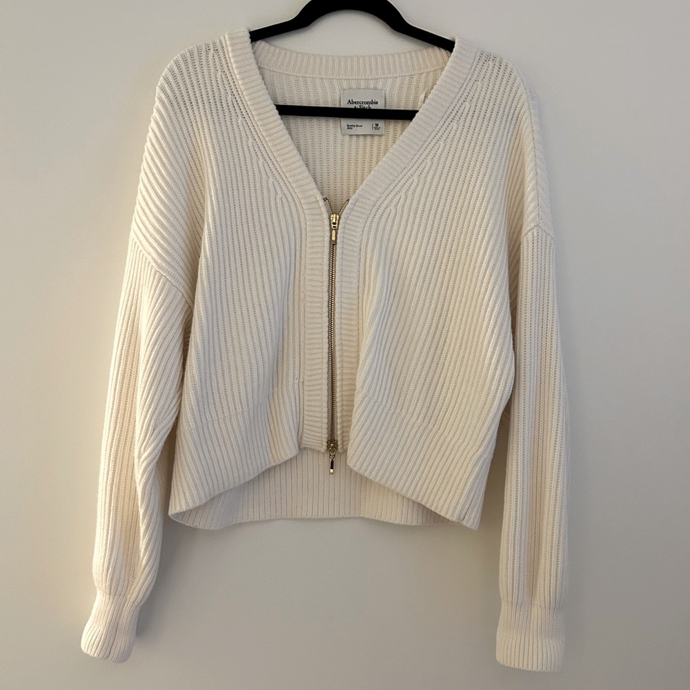 Abercrombie & Fitch Cream Ribbed Zip-Front Cardigan